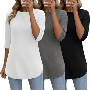 3 Pack Elbow Length Tee Shirts for Women Cotton 3/4 Sleeve Tunic Tops Round Neck